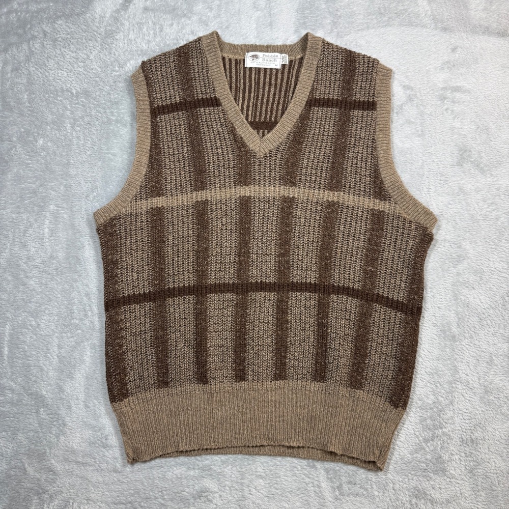 Vintage Pebble Beach Sweater Vest Mens M Brown Plaid Wool Blend Golf 80s